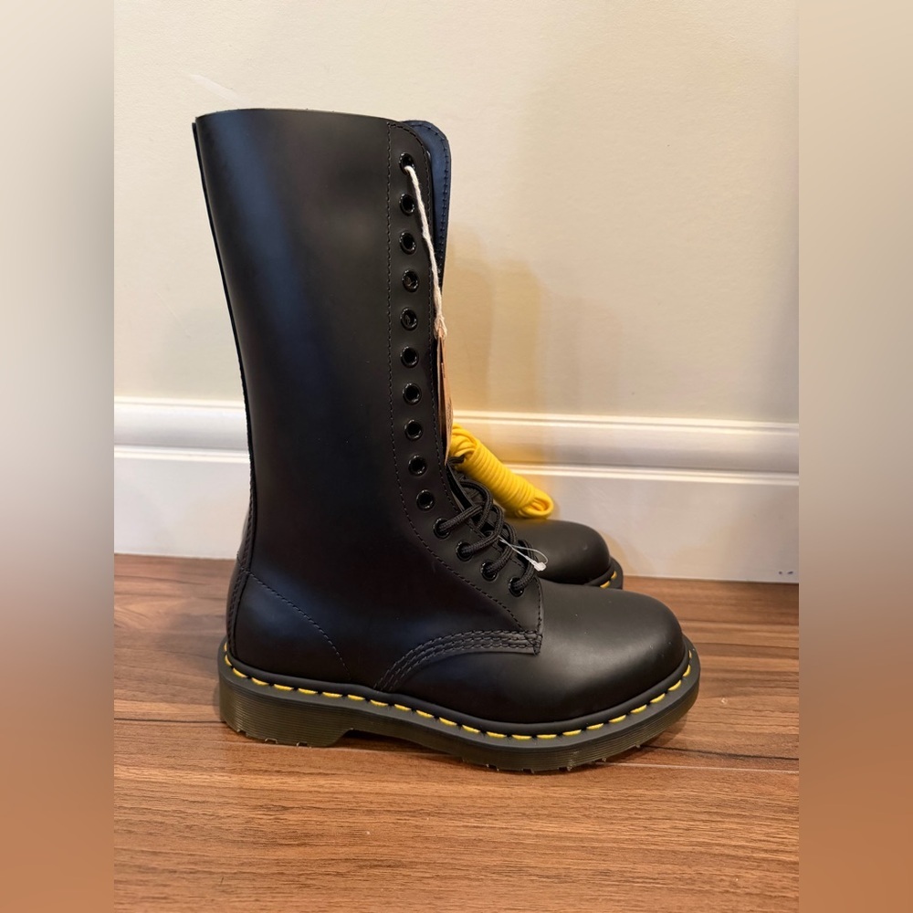 Dr. Martens 14 Eye, Black Leather Combat Boots with Yellow Laces. NWT.